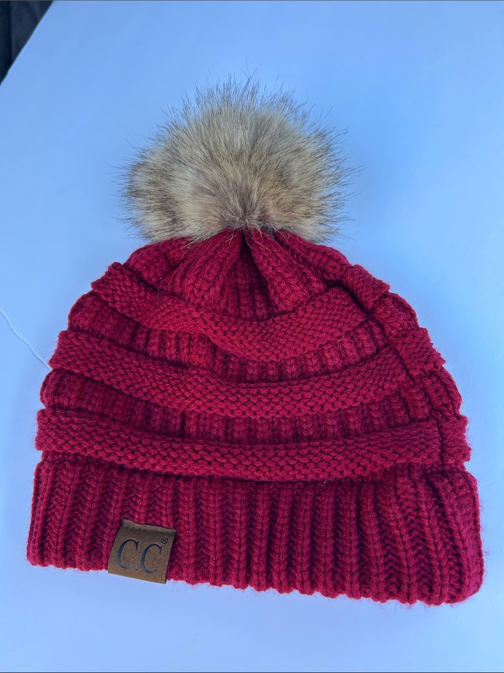 C.C adult Pom Knit Beanie - Burgundy Red with Faux Fur Pom